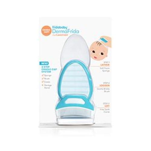 Frida Baby The 3-Step Cradle Cap System, DermaFrida The FlakeFixer, Sponge, Brush, Comb and Storage Stand for Babies with Cradle Cap, White-Blue - 3-Step Flake Fixer System