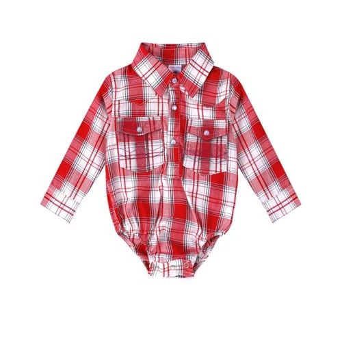 COSLAND Baby Boys' Western Cotton Plaid Bodysuit, Infant Cowboy Jumpsuit, 0-18 Months