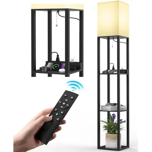 PAZZO Floor Lamp with Shelves, Dimmable Floor Lamp with Remote Control, 3 Color Temperatures Solid Wood Floor Lamp with 2 Charging Ports and 1 Power Outlet, Lamps for Livingroom Bedroom, Bulb Included