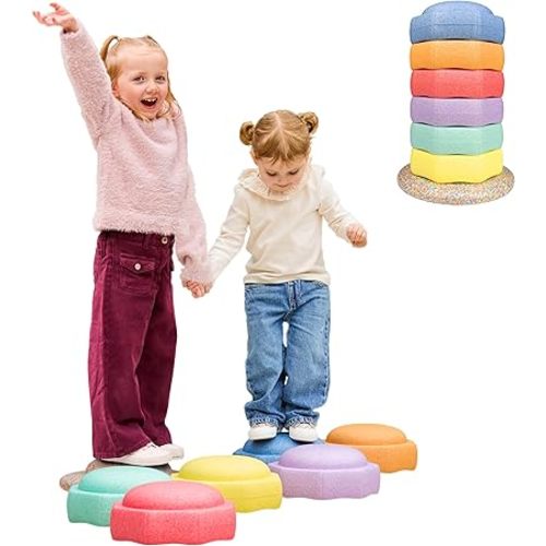Nuby Stepping Stones StepPebbles with Balance Board - Montessori-Inspired Sensory Play - Stack, Step, & Balance Indoor & Outdoor Play - Waterproof & Holds Up to 400 lbs - Pastel Colors