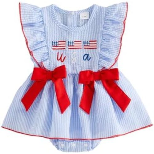 Ayalinggo Baby Girl 4th of July Outfits Newborn USA Bubble Smocked Romper Tutu Dress Ruffle American Flag Memorial Day Outfit