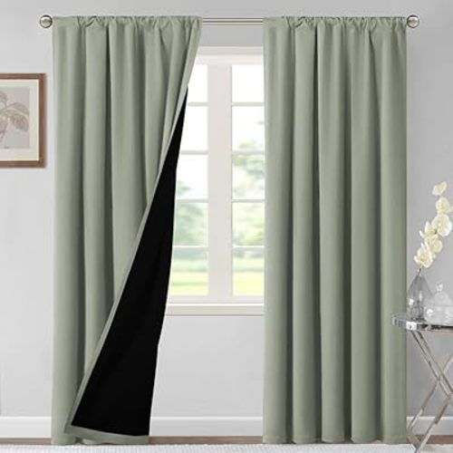 H.VERSAILTEX 100% Blackout Curtains for Bedroom Thermal Insulated Curtains & Drapes Blackout Curtains 84 Inches Long Rod Pocket Curtains for Living Room with Black Liner 2 Panels Set, Light Sage