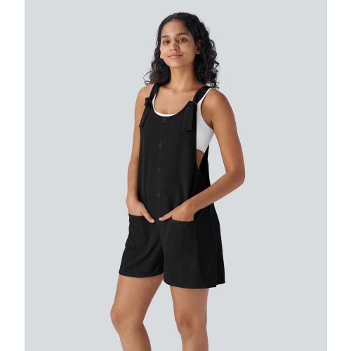 Knot Strap Decorative Button Front Pockets Waffle Resort Overalls