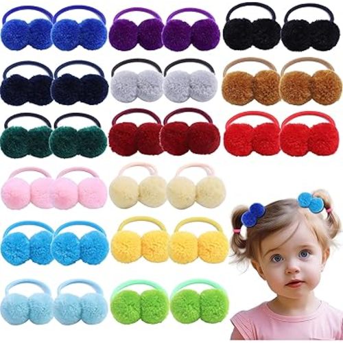 30PCS Pom Pom Hair Ties for Baby Girls, Soft Elastics Ponytail Holders Hair Accessories for Infants Toddlers Baby Girls (Light color)