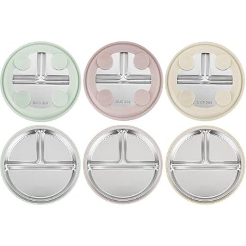 PandaEar 3 Pack Stainless Steel Toddler Plates with Suction, Divided Plates with Removable Silicone Sleeve for Babies & Toddlers（Pink/Green/Linen）