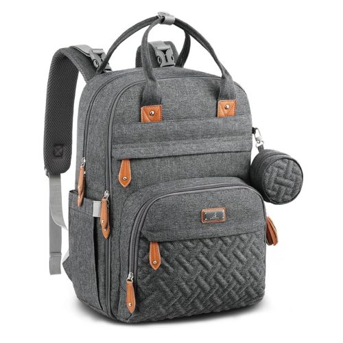 BabbleRoo Diaper Bag Backpack - Multi function Waterproof Diaper Bag, Travel Essentials Baby Tote with Changing Pad, Stroller Straps & Pacifier Case - Unisex, Dark Gray - Polyester