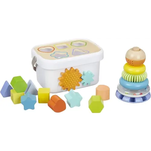 Amazon Basics Wooden Shape Sorter and Rainbow Stacker Classic Baby Toy Set-Sorting Play For Infants Age 12M+, Medium, Multicolor