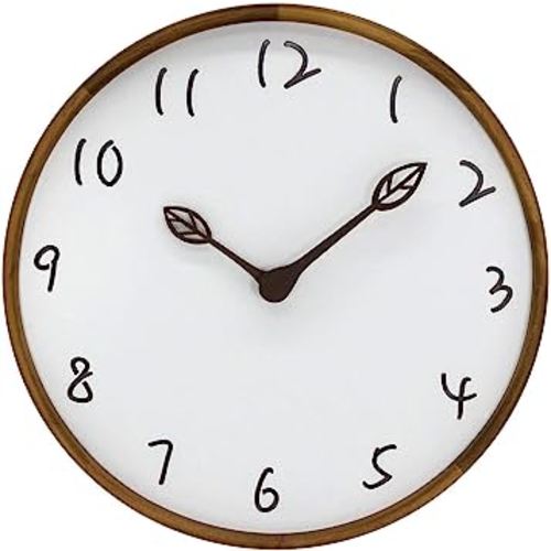 AROMUSTIME 12 Inches Round Wood Wall Clock with Hollow Arabic Numerals, Whisper Quiet, Wood Leaf Pointer&No Glass Cover, for Office Kitchen Bedroom Classroom&Living Room, Brown