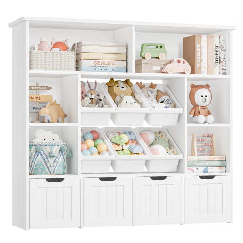 Hiphuta Large 4 Tier Kids Bookcase, Wood Toy Organizer of 6 Boxes & 4 Removable Drawers, Bookshelf for Kids Room, White