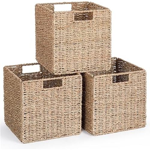 10.5 x 10.5in Cube Seagrass Storage Baskets, Foldable Square Wicker Storage Baskets for Shelves Set of 3, Large Cubby Rattan Basket, Collapsible Cube Storage Bins