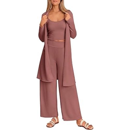 PRETTYGARDEN Women's Spring 3 Piece Pajamas Lounge Sets Fall Ribbed Knit Long Cardigan Cropped Tank Tops Wide Leg Pants