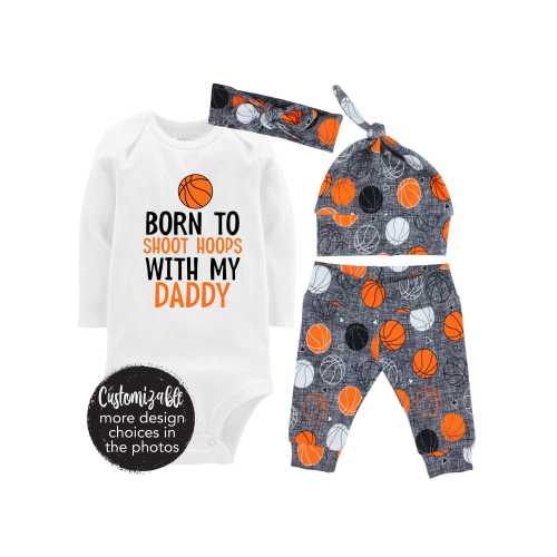 Boy Basketball Baby Outfit Unisex Girl Shooting Hoops Daddy Going Home Outfit Team Personalized Coming Home Outfit Yoga Pants Baby Gift Set
