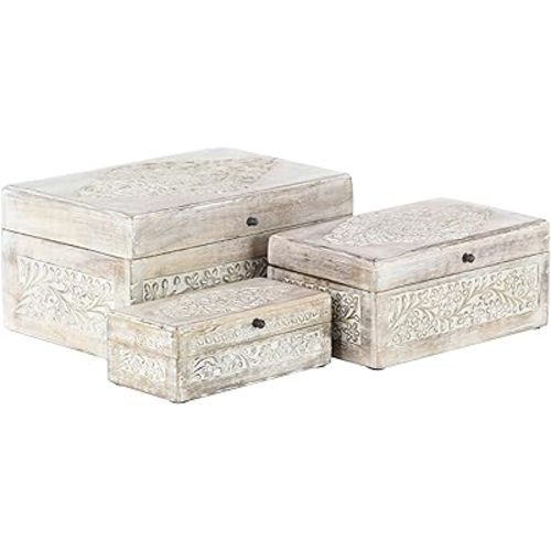Deco 79 Mango Wood Floral Decorative Box Decorative Keepsake Boxes with Hinged Lid, Set of 3 Storage Boxes, Cream