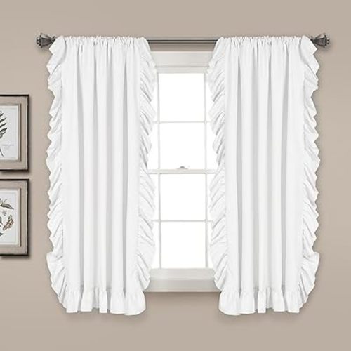 Lush Decor Reyna Ruffle Window Curtain Panel Set, Pair, 54" W x 63" L, White - Flowy Curtain Set - Romantic Ruffle Curtains for Bedroom, Living room, or Dining Room - Farmhouse & Cottage Home Decor