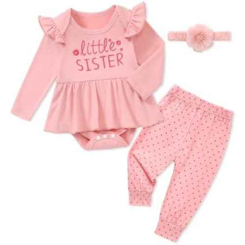 Coedody Baby Girl Clothes Long Sleeve Ruffle Romper + Pants + Headband Set Newborn Girl Outfits 0-18 Months