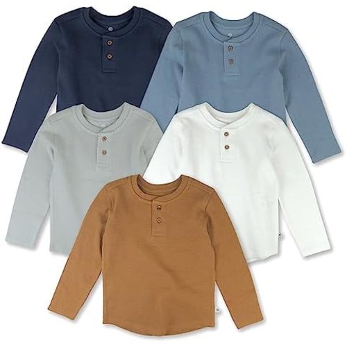 HonestBaby 5-Pack Waffle Henley Long Sleeve Shirts 100% Organic Cotton for Infant Baby and Toddler Boys, Unisex