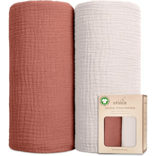 Organic Cotton Baby Muslin Blanket - Breathable, Large 47x47 inches for Baby Swaddle Blanket Hypoallergenic Muslin Baby Blankets, Versatile, Double Layer (Rust/Ivory)