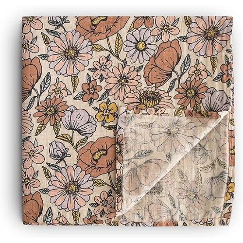 mushie Muslin Baby Swaddle Blanket | 100% Organic Cotton (Retro Flowers)