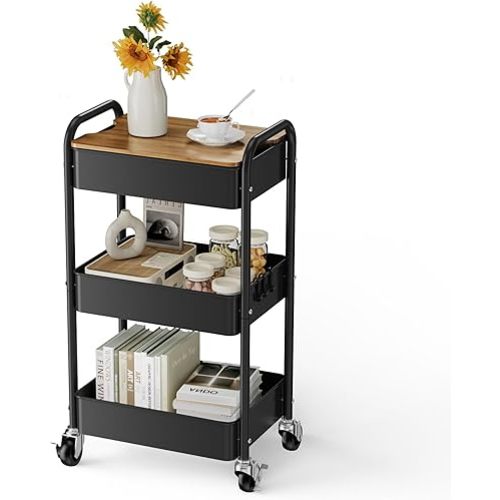 3 Tier Rolling Cart with Table top, Metal Rolling Utility Cart, Storage Organizer Cart with Locking Wheels & Hooks for Office, Classroom, Kitchen and Bathroom, Black