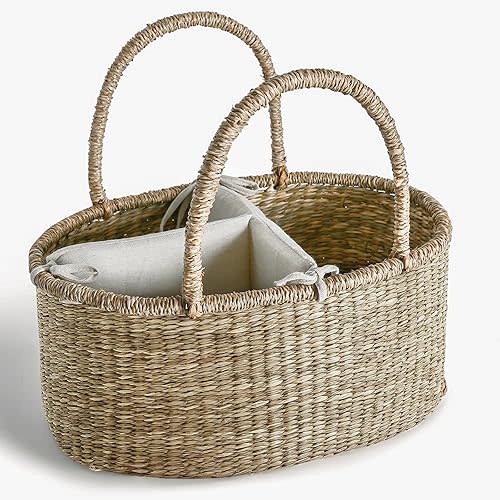 Premium Wicker Baby Diaper Caddy Organizer, Woven Seagrass Basket with Handles, Diaper Basket with Dividers (Seagrass)