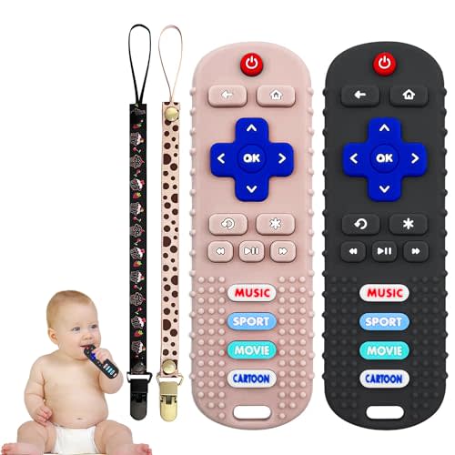 2Pack Teething Toys for Babies, Remote Control Shape Silicone Teether Toys,Baby Teethers for Toddlers Boys Girls (Black + Coral Color)
