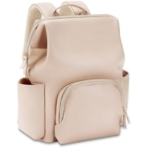 Faux Leather Diaper Bag Backpack with Waterproof Pockets,Stroller Buckle and Changing Pad - 35L Large Mommy Bag for Boy and Girl - Stylish Baby Shower Gifts (Apricot)