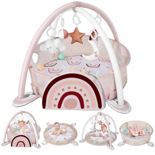 dearlomum 4-in-1 Baby Play Mat Baby Gym,Tummy Time Mat for Floor Activity Gym Ball Pit Including 30 Balls with 5 Infant Learning Sensory Baby Toys for Newborn Toddler Boy & Girl Gifts(Rainbow)