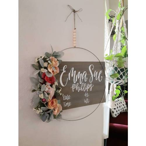 Large Hospital Door Hanger // Baby Girl Name Stats // Floral Door Wreath // Lamb Ear Eucalyptus Wreath Sign // Coral Pink Peach // Lettered