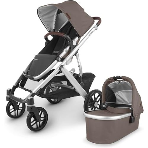 UPPAbaby Vista V2 Stroller/Convertible Single-to-Double System/Bassinet, Toddler Seat, Bug Shield, Rain Shield, and Storage Bag Included/Theo (Dark Taupe/Silver Frame/Chestnut Leather)