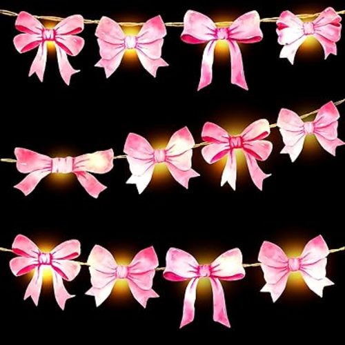 VIHOSE Pink Bow String Lights for Bedroom Coquette Nursery Room Decor Bow Party Decorations 20 LED 10 ft Battery Operate Pink Hanging Garland Banners for Bridal Shower Wedding Nursery Room Wall Decor