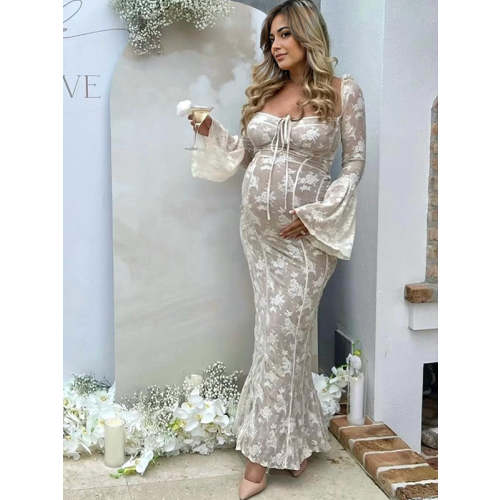 Momyknows White Lace Corset Square Neck Flare Sleeve Off Shoulder Bodycon Elegant Cocktail Party Maternity Photoshoot Baby Shower Maxi Dress