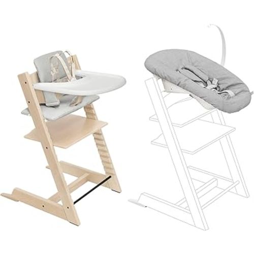 Stokke Tripp Trapp High Chair 2 (Natural) + Newborn Set + Cushion 2 (Nordic Grey) + Stokke Tray (White) - Includes Chair & Baby Set with Removable Harness for Children 6-36 Months