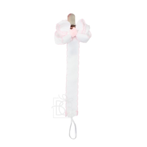 White w/Light Pink Crochet Edge Pacifier Clip - Beyond Creations - Hair Bows and Accessories
