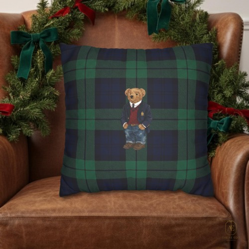 Ralph Lauren Inspired Plaid Teddy Bear Pillow, Faux Suede Throw Pillow, Preppy Christmas Decor, Tartan Holiday Cushion, Lodge Cabin Style