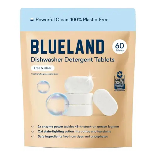 BLUELAND 100% Plastic-Free Dishwasher Detergent Tablets, 60 Count, Free & Clear, Eco-Friendly Dishwashing Pods, Natural, Sustainable