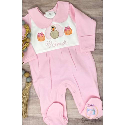 Baby Girl First Thanksgiving Outfit/Monogrammed Personalized Footie/Turkey, Pumpkin/Baby Shower Gift/Newborn/Embroidered Romper/Sleeper
