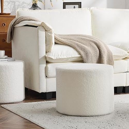 Bezseller Soft Boucle Pouf Ottoman, Comfortable Foot Rest, Full Foam Filling Footstool for Living Room, Bedroom, Lightweight Comfort and Charm Floor Poof Seating Perfect to Rest Your Feet, White