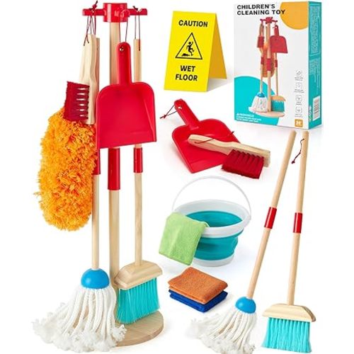 Wooden Kids Cleaning Toy Set Pretend Play Toys, 12 Pcs Toddlers Cleaning Mop Broom and Dustpan Set with Organizing Stand/ Bucket/ Duster/ Brushes, Toddler Toys Gift for Boys Girls Aged 3 4 5 6