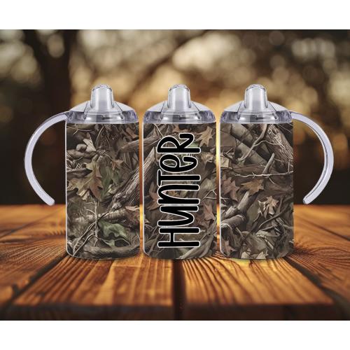 Camouflage 12oz Baby Sippy Cup w/ 2 Lids, Camo Personalized Name Leak Proof Sippy Cup, Hunting Sippy Cup Baby Gift, Loves Hunting
