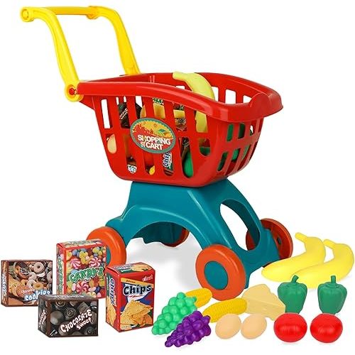 Playkidz Toy Shopping Cart Play Set, Plastic Food Toys, Interactive Play Set, Educational & Pretend Play Fun, Ages 3+
