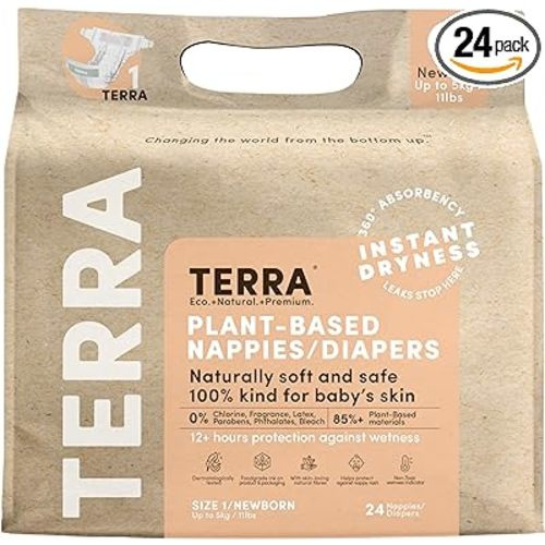 Terra Size 1 Newborn Diapers: 85% Plant-Based Diapers, Ultra-Soft & Chemical-Free for Sensitive Skin, Superior Absorbency for Day or Nighttime Diapers, Designed for Newborns up to 11 Pounds, 24 Count