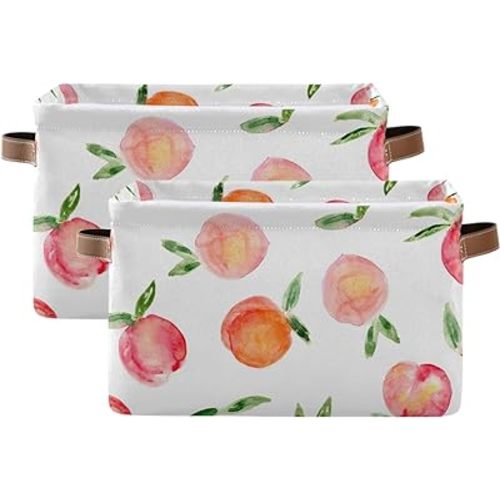 susiyo Large Foldable Storage Bin, Watercolor Peaches Fabric Storage Baskets Collapsible Decorative Baskets Organizing Basket Bin with PU Handles for Shelves Home Closet Bedroom Living Room-2Packs