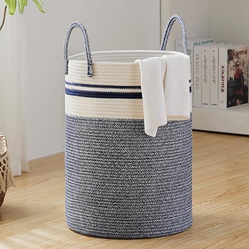 Fiona's magic Woven Rope Laundry Hamper 72L,Tall Boho Laundry Basket Storage, Baby Nursery Hamper for Blankets, Toys and Clothes Hamper for Bedroom and Living Room Organizing, Jute, Blue
