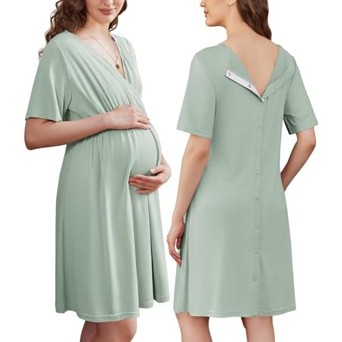 Ekouaer Labor and Delivery Gown for Hospital Short Sleeve Maternity Nursing Dress Nightgown with Button S-XXL