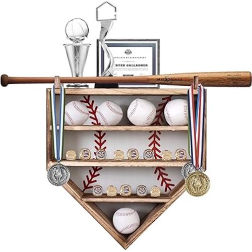 Baseball Display Case, Wood Display Rack for Bat, Trophy, and Medal, Wall Mount Baseball Holder for Collectibles and Memorabilia