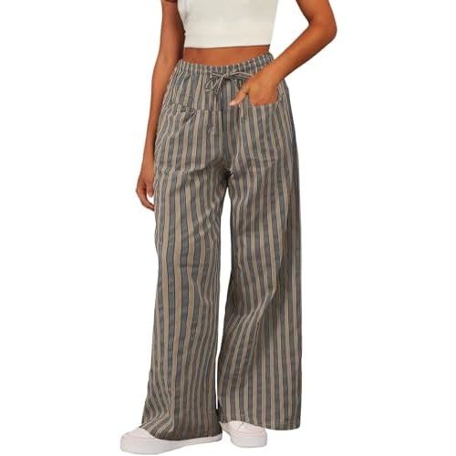 Acelitt Women Casual Drawstring Elastic Waist Loose Wide Leg Striped Pants with Pockets, S-XXL