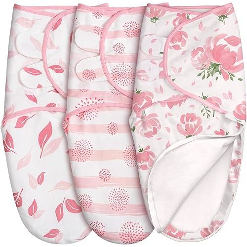 GLLQUEN BABY Baby Swaddle Sleep Sacks with Zipper - 3-Pack Newborn Swaddling Sack, Baby Swaddles Sleep Sack 0-3 Months,Pink Floral or Leaves, Swaddling Blankets 3 Pack Wrap Set, Easy Change Swaddle