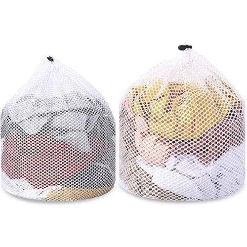2pcs Mesh Laundry Bags for Socks, Machine Washable Drawstring Design Travel Mesh Laundry Wash Bags White Drawstring Garment Bags for Laundry Storage for Home Dorm Hotel Travel Use,12x16inch, 16x20inch