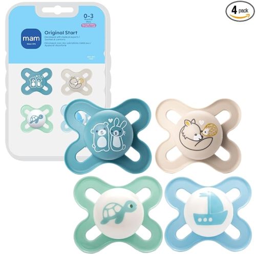 MAM Original Start Baby Pacifiers 0-3 Months, BPA-Free Skin Soft Silicone Nipple, Glows in The Dark, Developed with Medical Experts Specially for Smaller Newborn Mouths, 4 Pk, Made in Europe