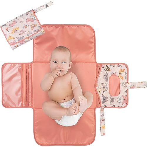 Tiny Twinkle Portable Diaper Changing Pad-Foldable Waterproof Changing Mat&Portable Changing Pad for Travel,Baby Changing Station with Smart Wipes Pocket&Storage (Flutter)